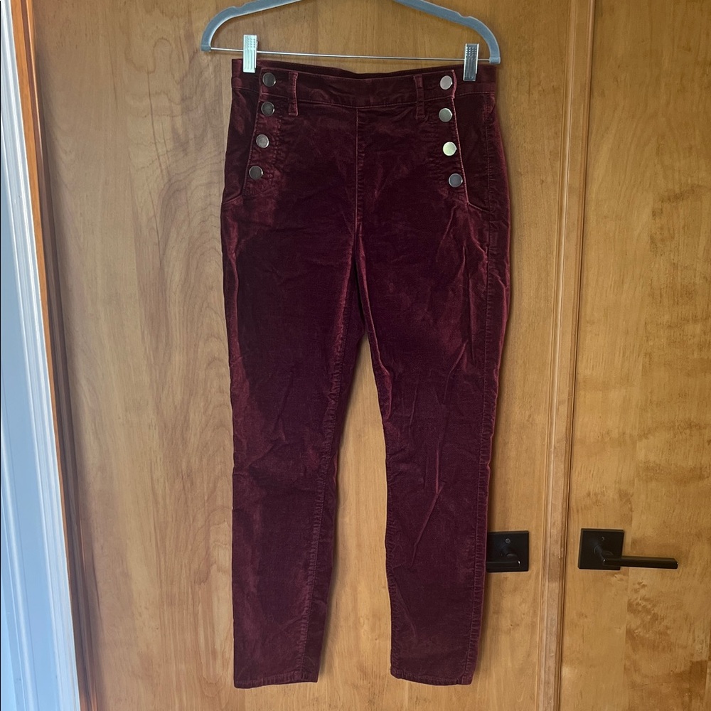 Loft Burgundy Velvet Modern Skinny Pants with front Buttons